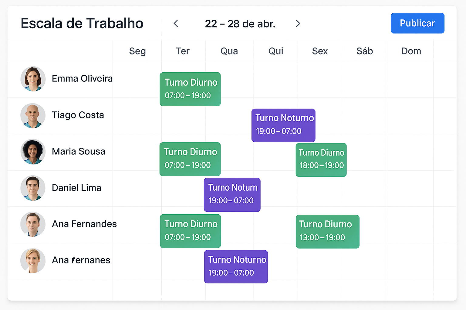 Exemplo de escala hospitalar otimizada pela Solver2